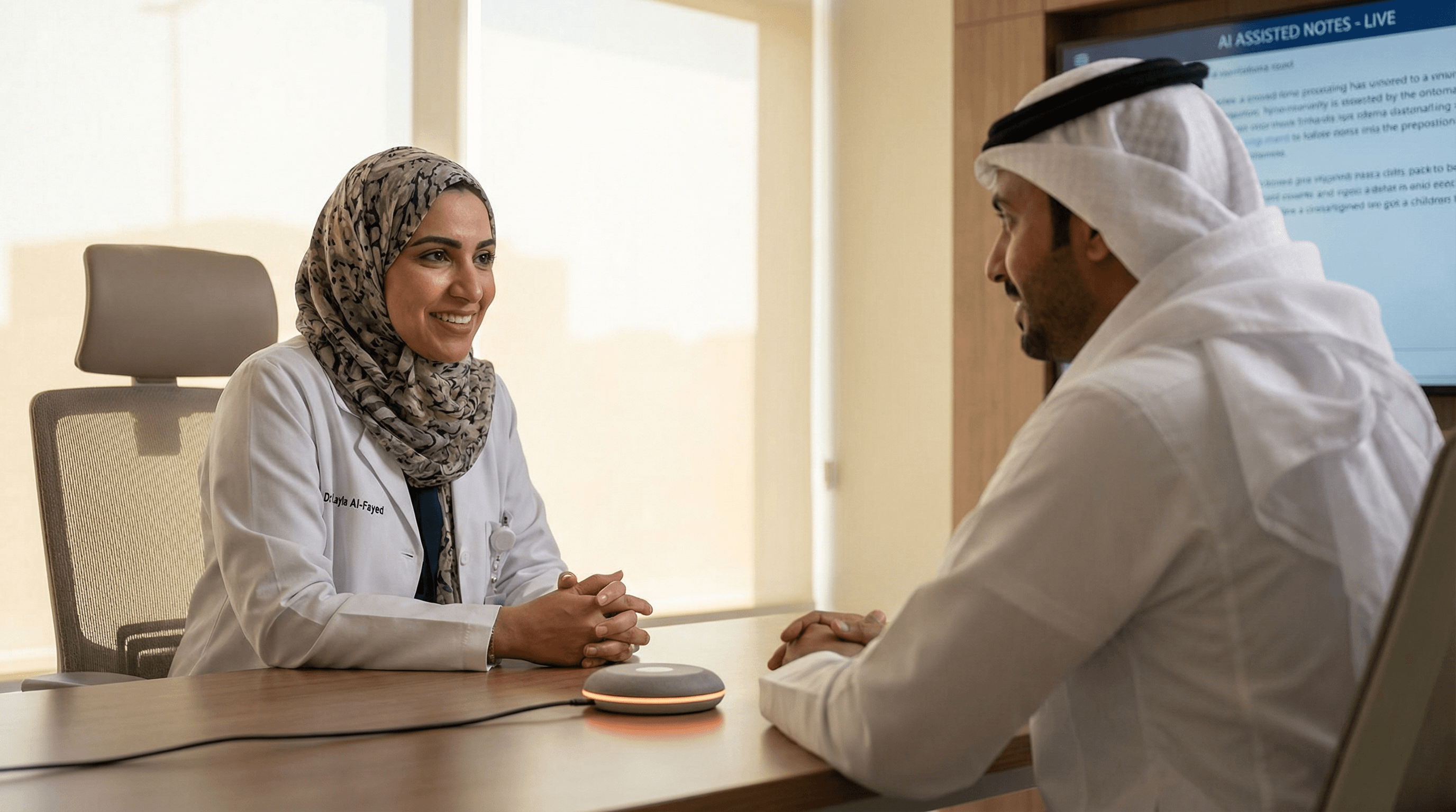 Saudi doctor and patient in consultation with ambient AI documentation and speaker