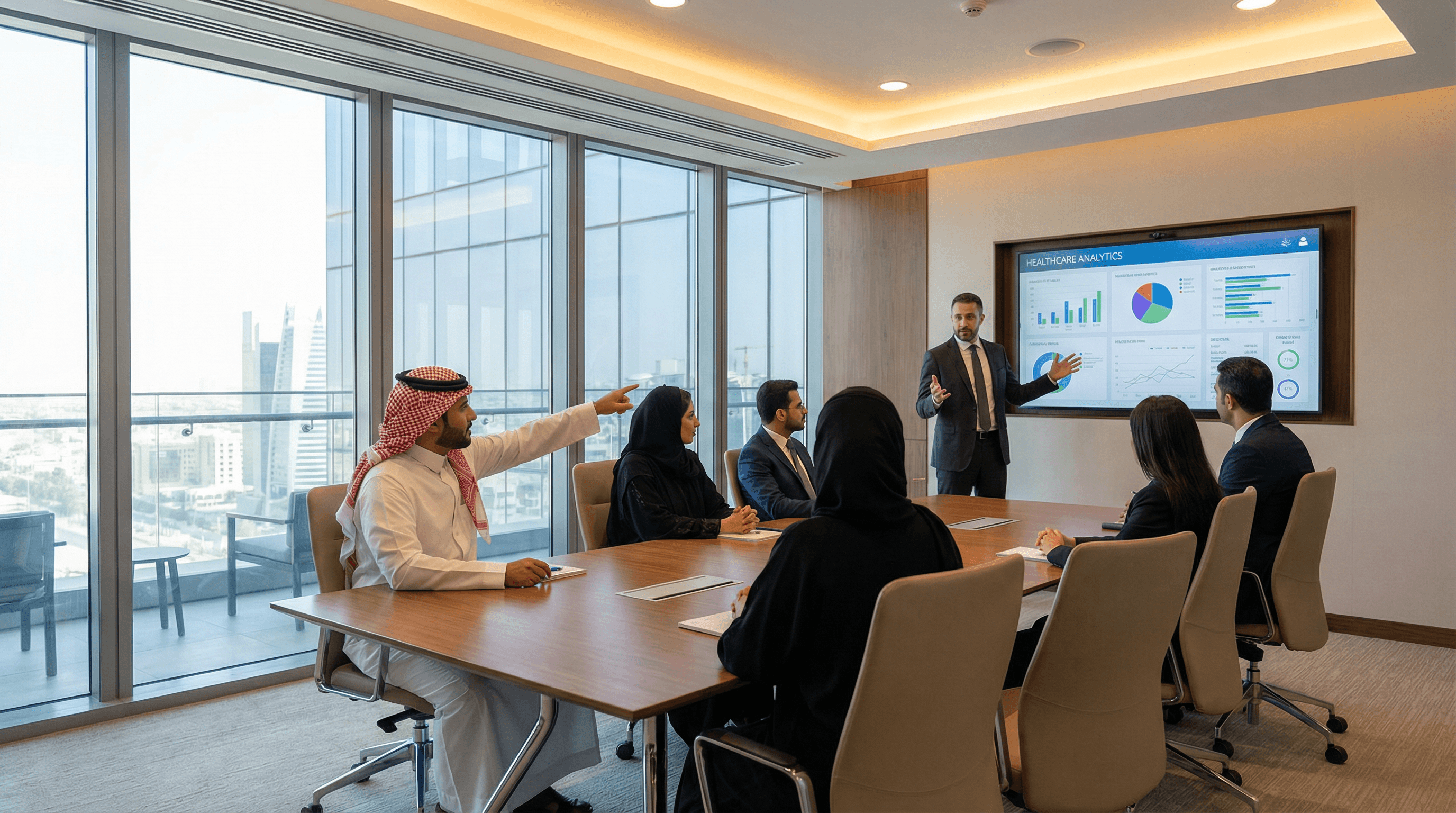 Healthcare leadership team collaborating around analytics insights