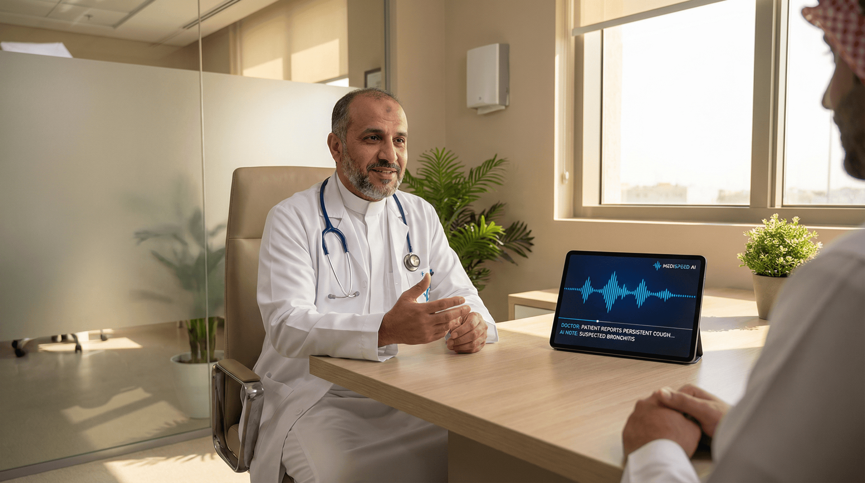 Saudi doctor using SERA AI for voice documentation during patient consultation