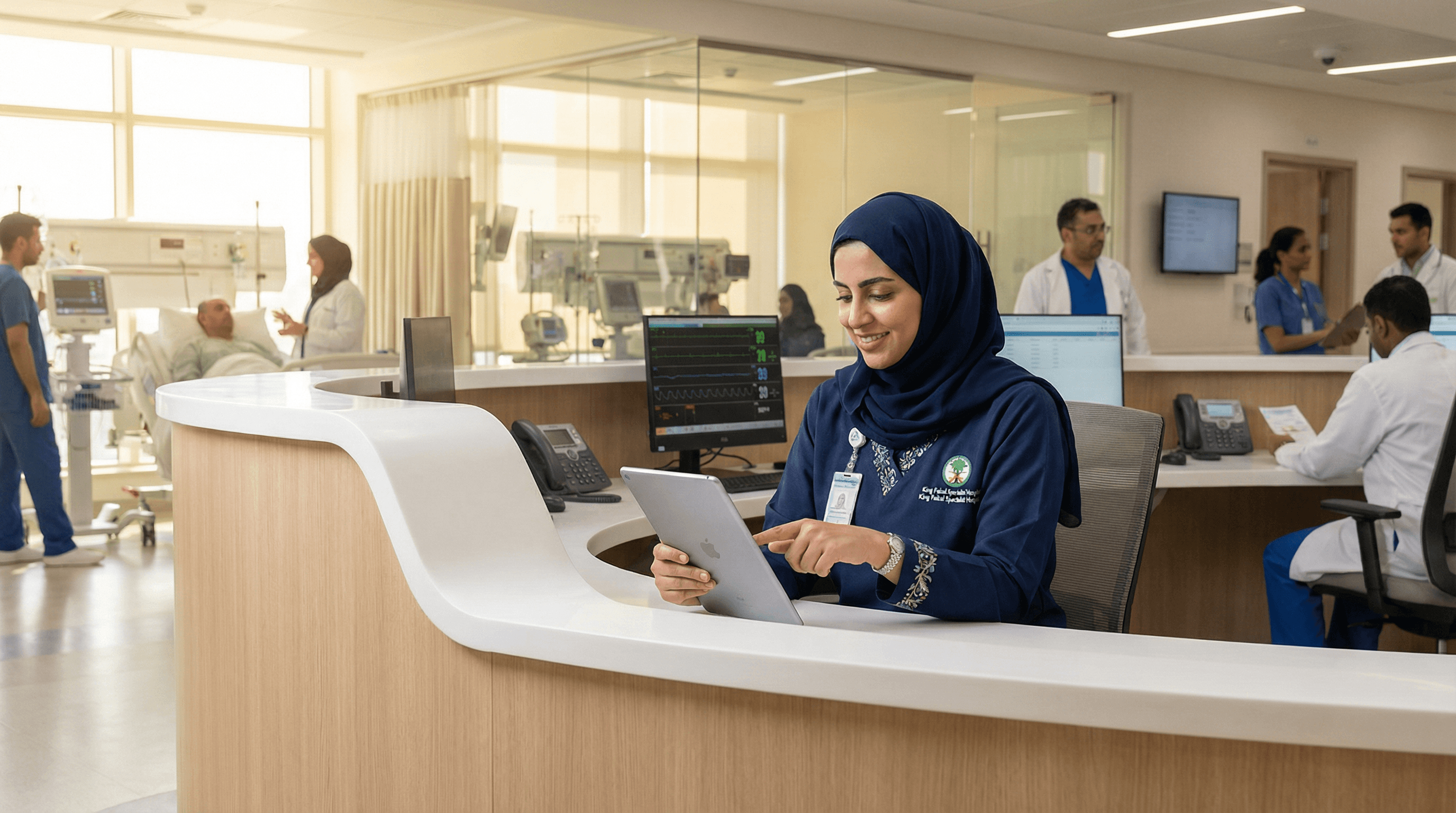 Saudi nurse using Nuxera voice documentation at patient bedside
