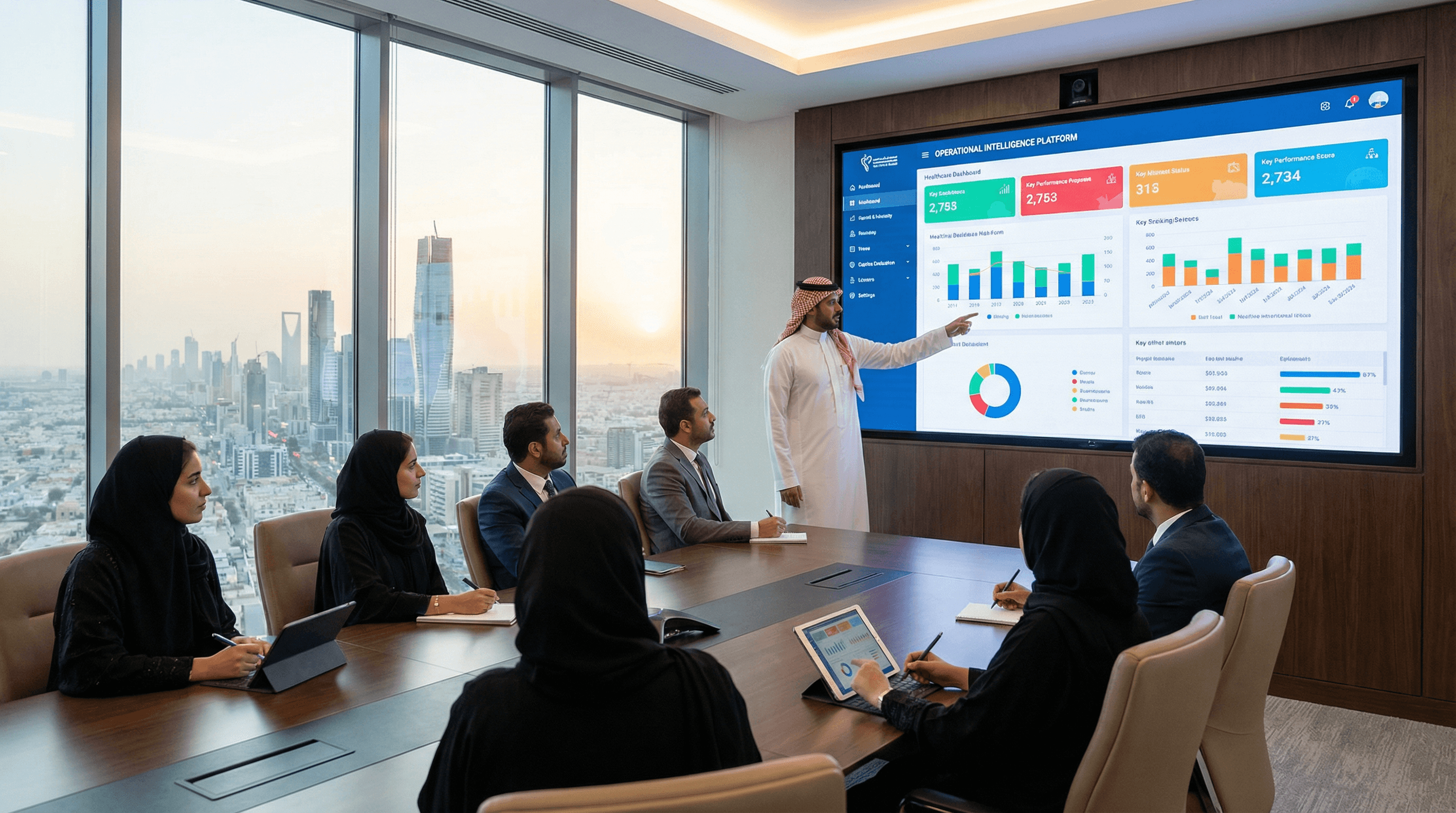Saudi healthcare executive using Talk & Tell operational intelligence dashboard with analytics